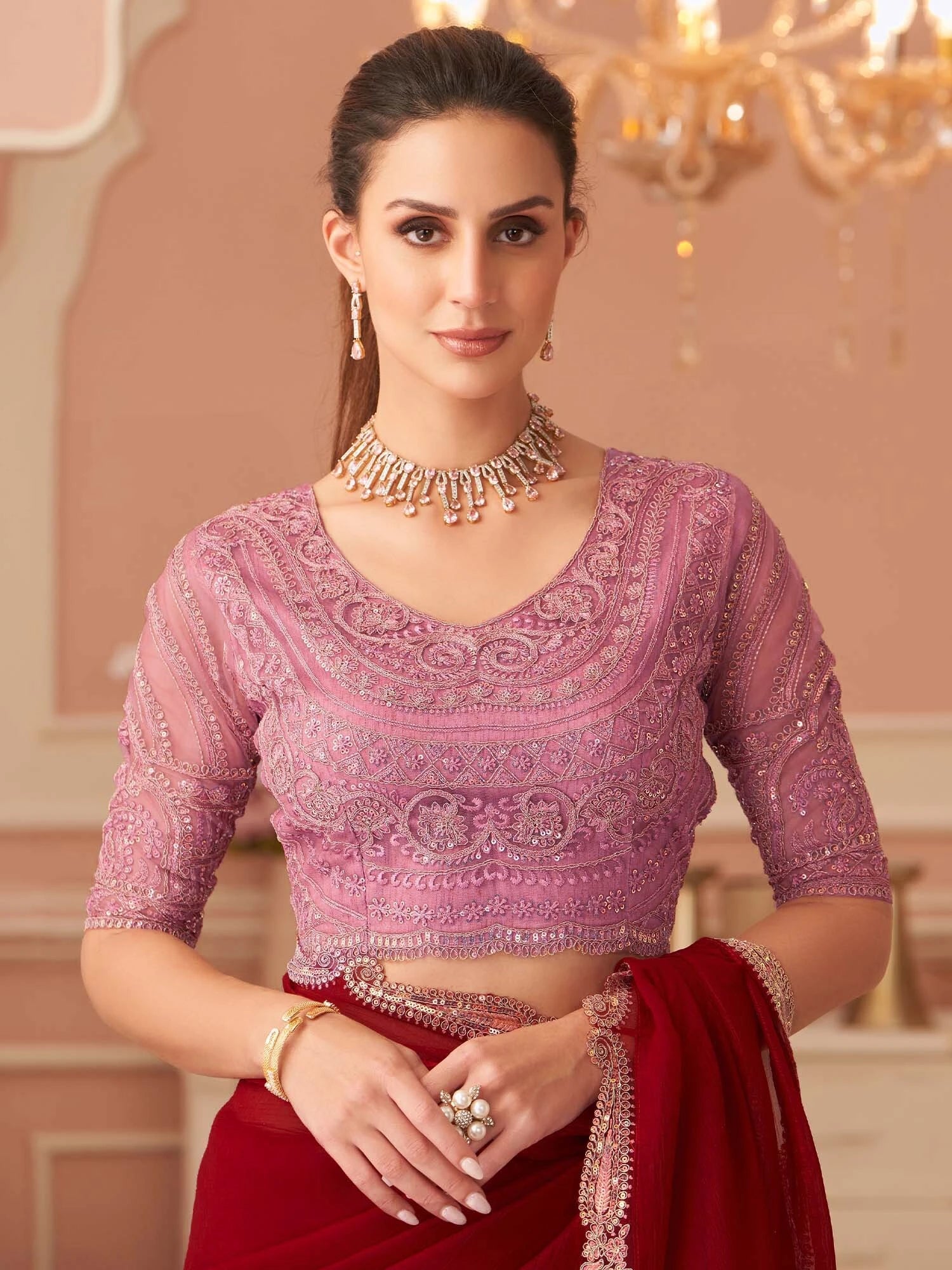 Women's Georgette Pink Embellished Designer Saree with Blouse Piece