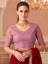 Women's Georgette Pink Embellished Designer Saree with Blouse Piece