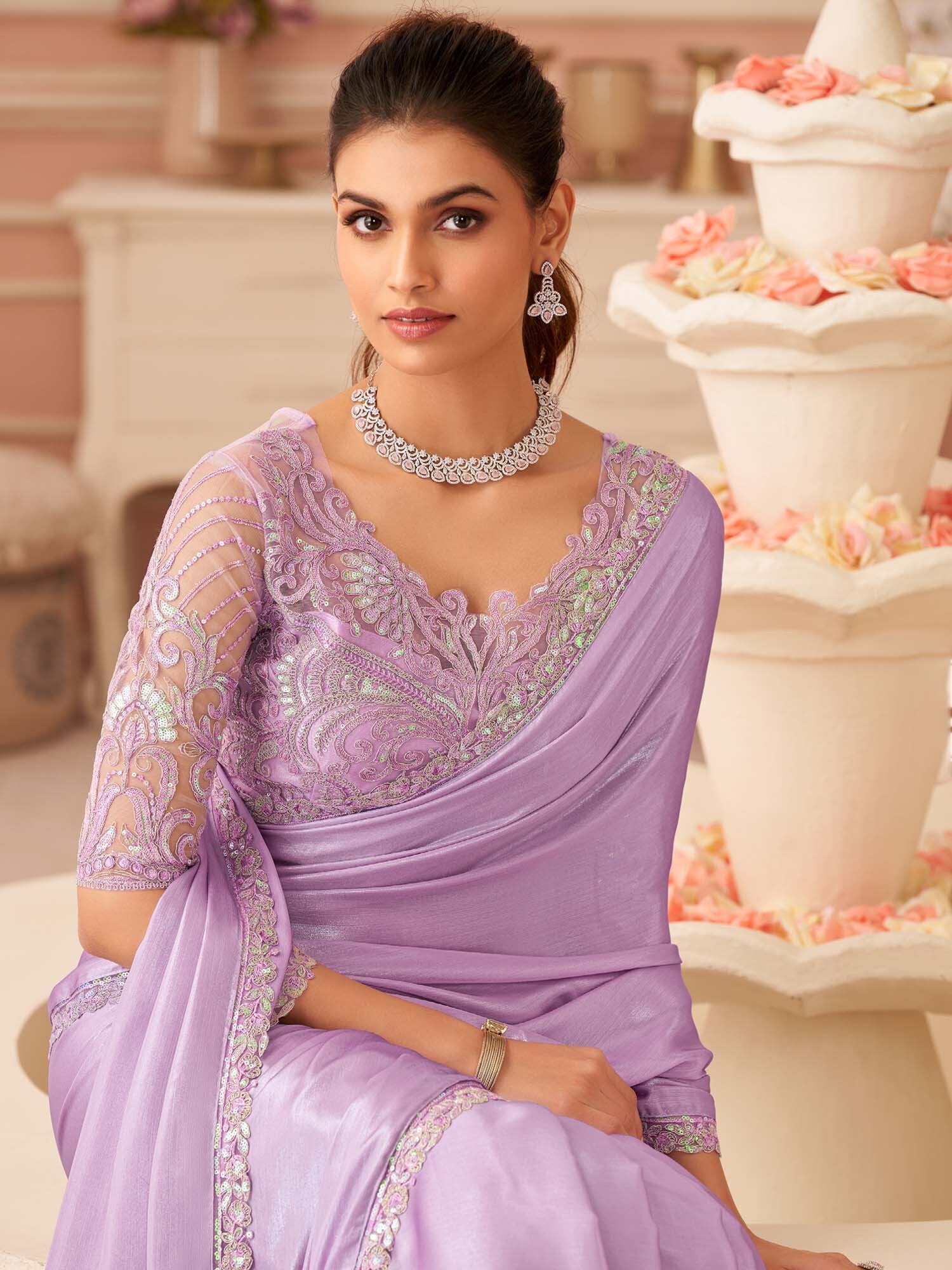 Women's Chiffon Purple Embellished Designer Saree with Blouse Piece