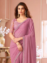 Women's Georgette Pink Embellished Designer Saree with Blouse Piece