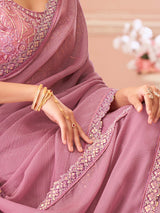 Women's Georgette Pink Embellished Designer Saree with Blouse Piece