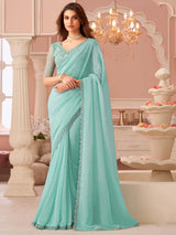 Women's Georgette Blue Embellished Designer Saree with Blouse Piece