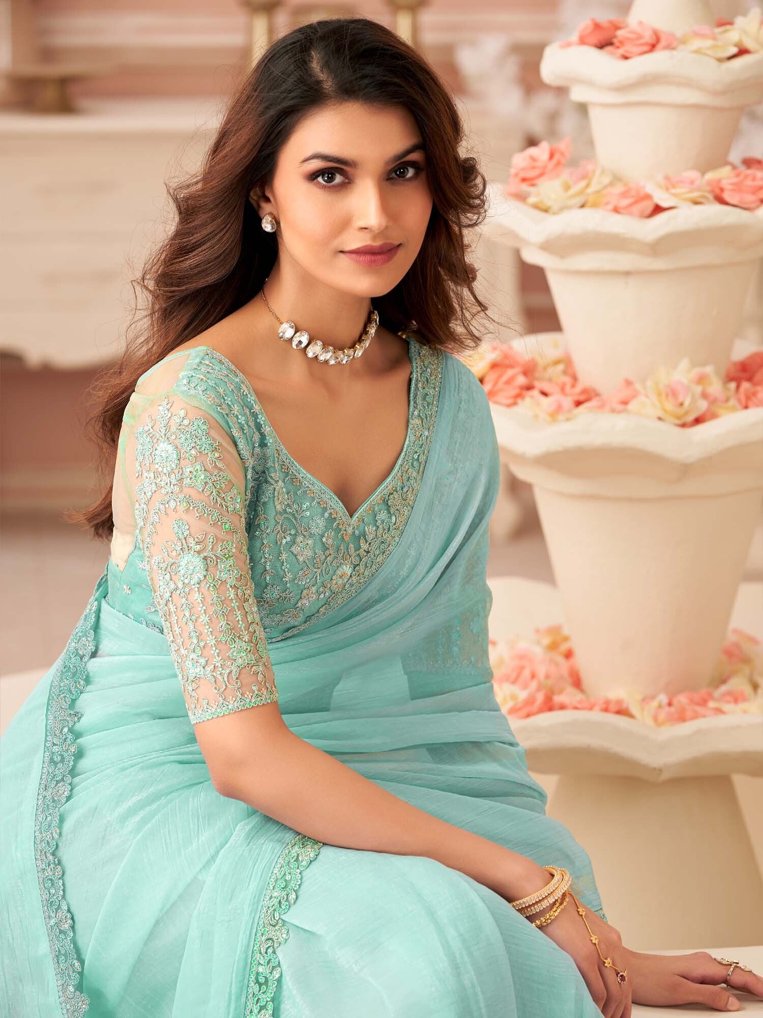 Women's Georgette Blue Embellished Designer Saree with Blouse Piece
