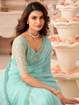 Women's Georgette Blue Embellished Designer Saree with Blouse Piece