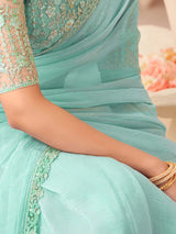 Women's Georgette Blue Embellished Designer Saree with Blouse Piece