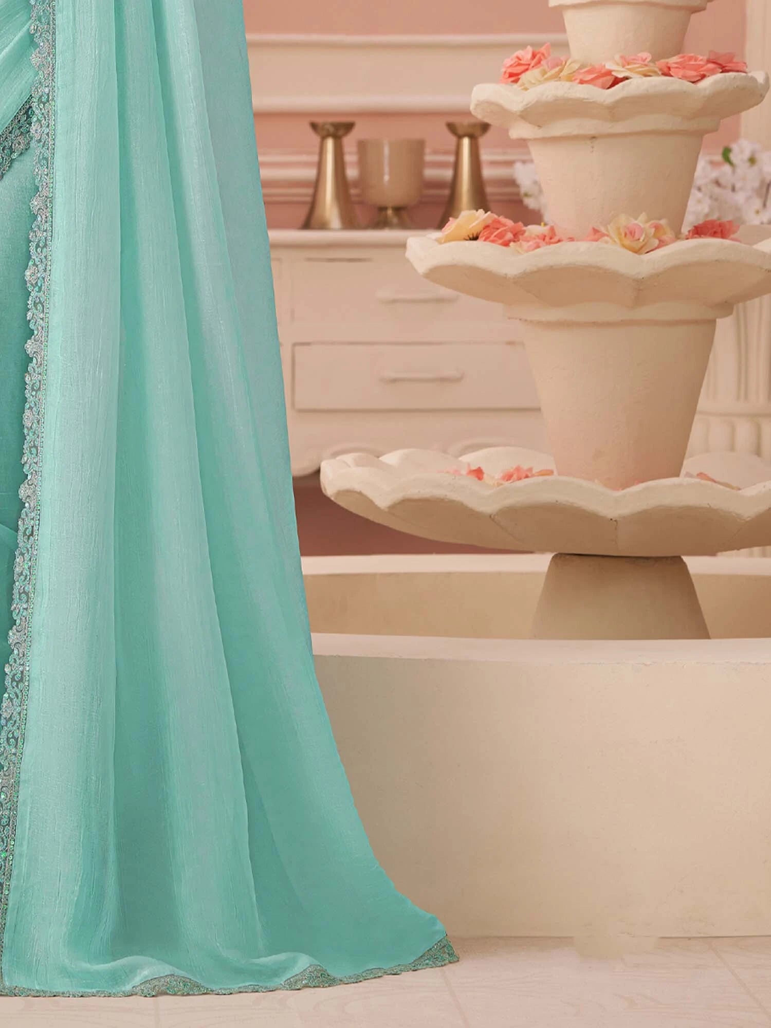 Women's Georgette Blue Embellished Designer Saree with Blouse Piece