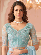 Women's Georgette Blue Embellished Designer Saree with Blouse Piece