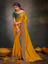 Women's Satin Silk Yellow Embroidered Designer Saree with Blouse Piece
