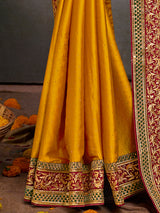 Women's Satin Silk Yellow Embroidered Designer Saree with Blouse Piece