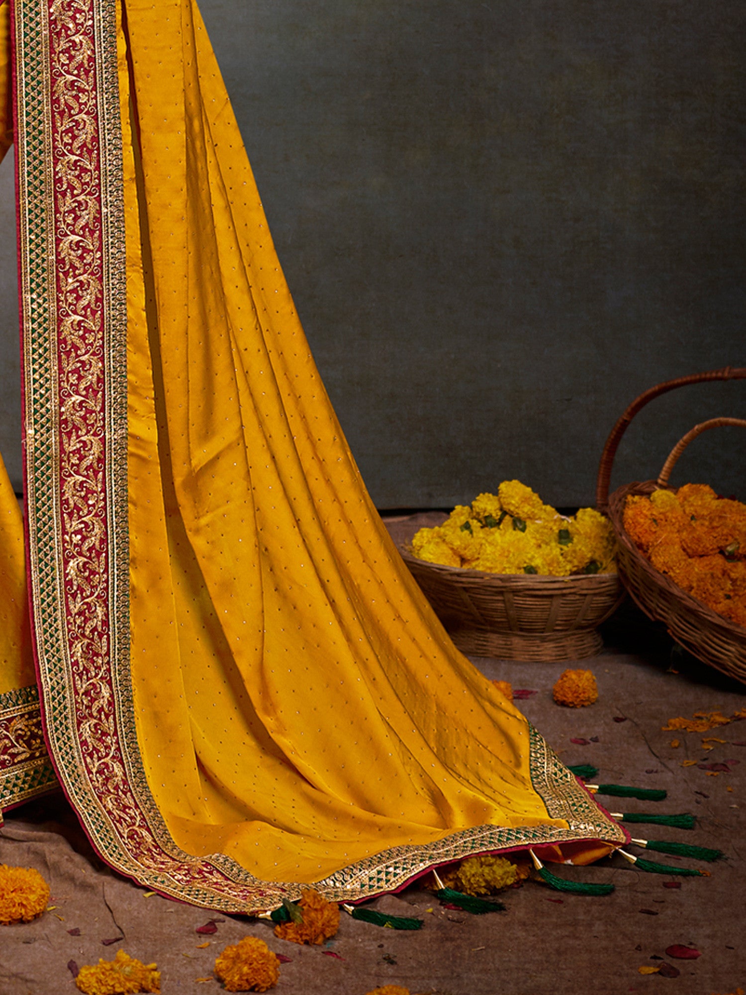 Women's Satin Silk Yellow Embroidered Designer Saree with Blouse Piece