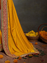 Women's Satin Silk Yellow Embroidered Designer Saree with Blouse Piece
