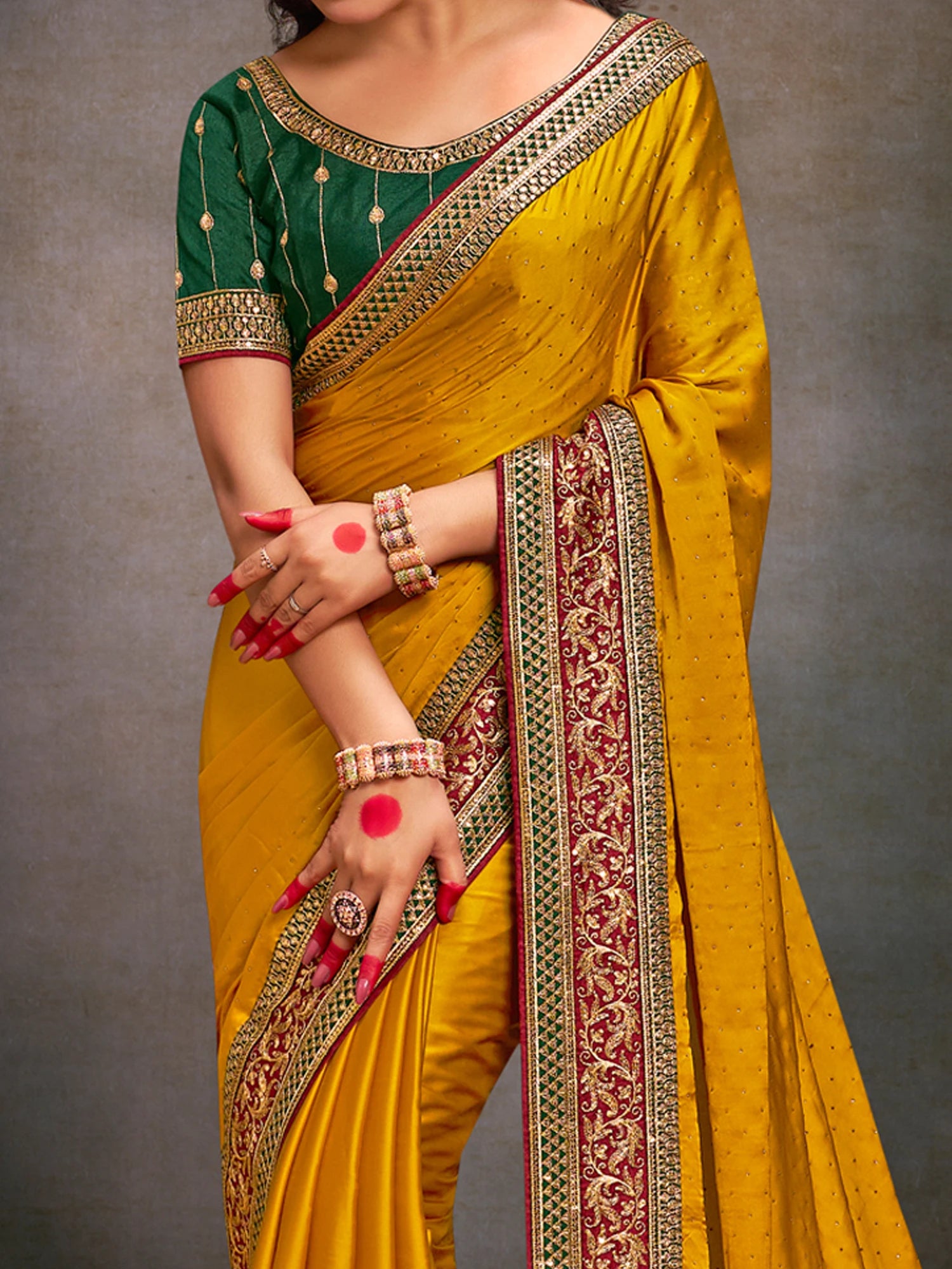 Women's Satin Silk Yellow Embroidered Designer Saree with Blouse Piece