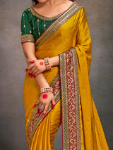 Women's Satin Silk Yellow Embroidered Designer Saree with Blouse Piece