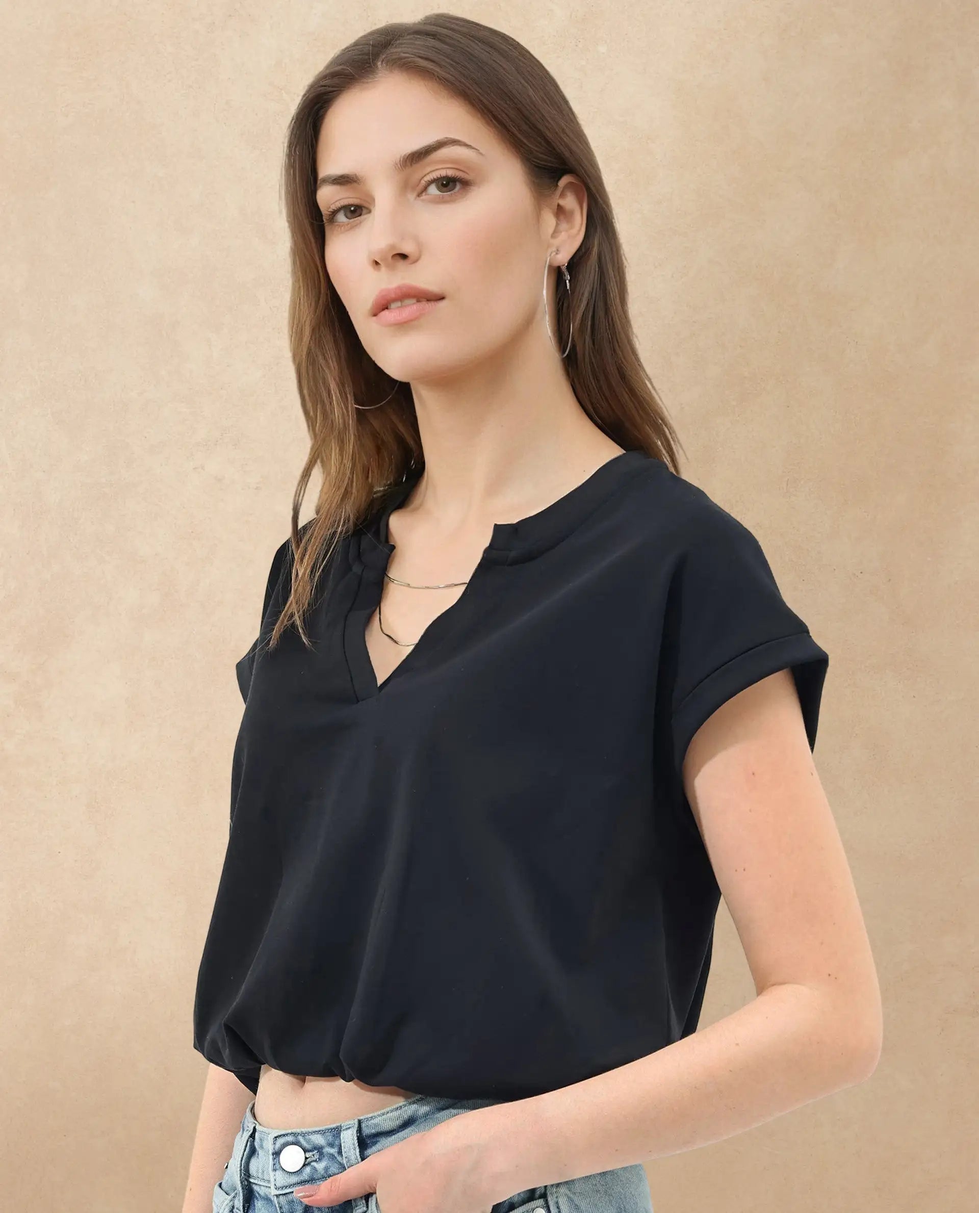 Women's Black Casual Half Sleeves Top