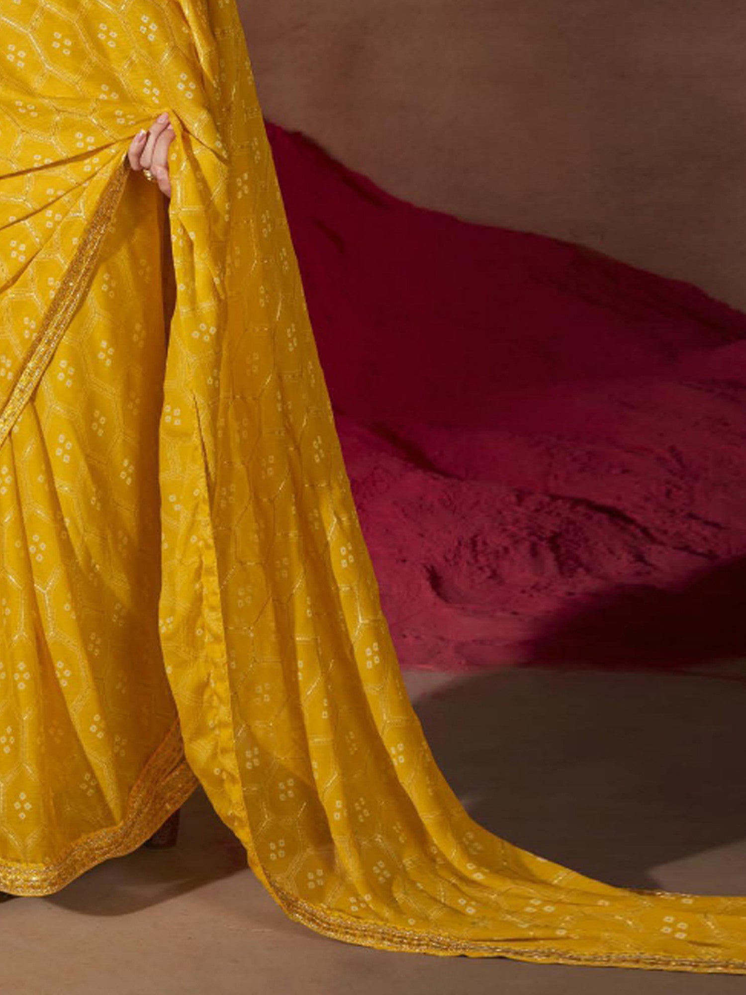 Women's Chiffon Yellow Embellished Designer Saree with Blouse Piece