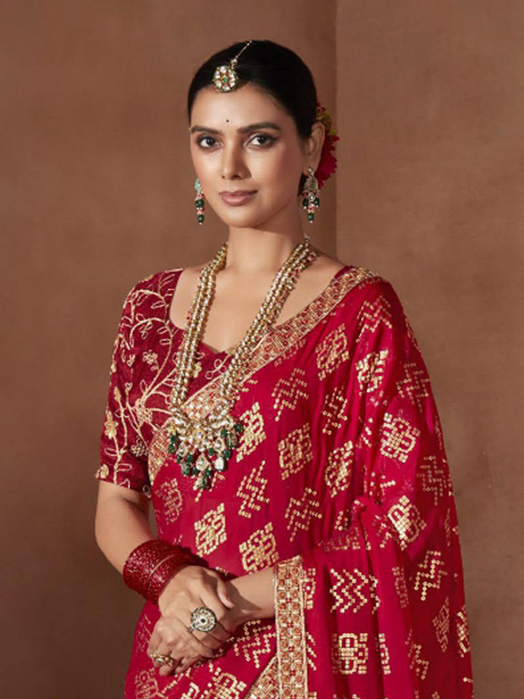 Women's Chiffon Red Embellished Designer Saree with Blouse Piece
