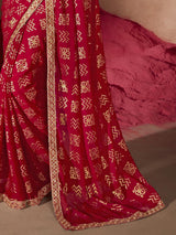 Women's Chiffon Red Embellished Designer Saree with Blouse Piece