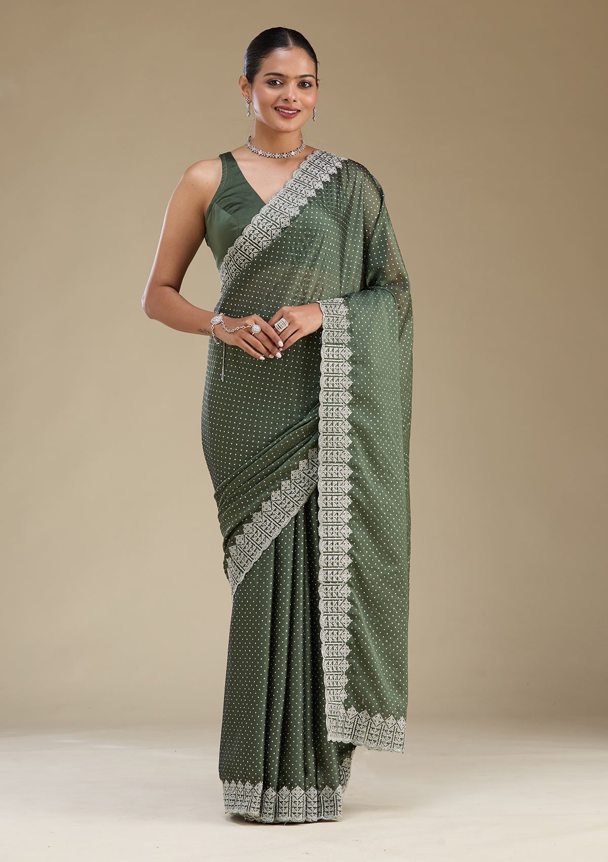 Women's Green Zariwork Satin Saree