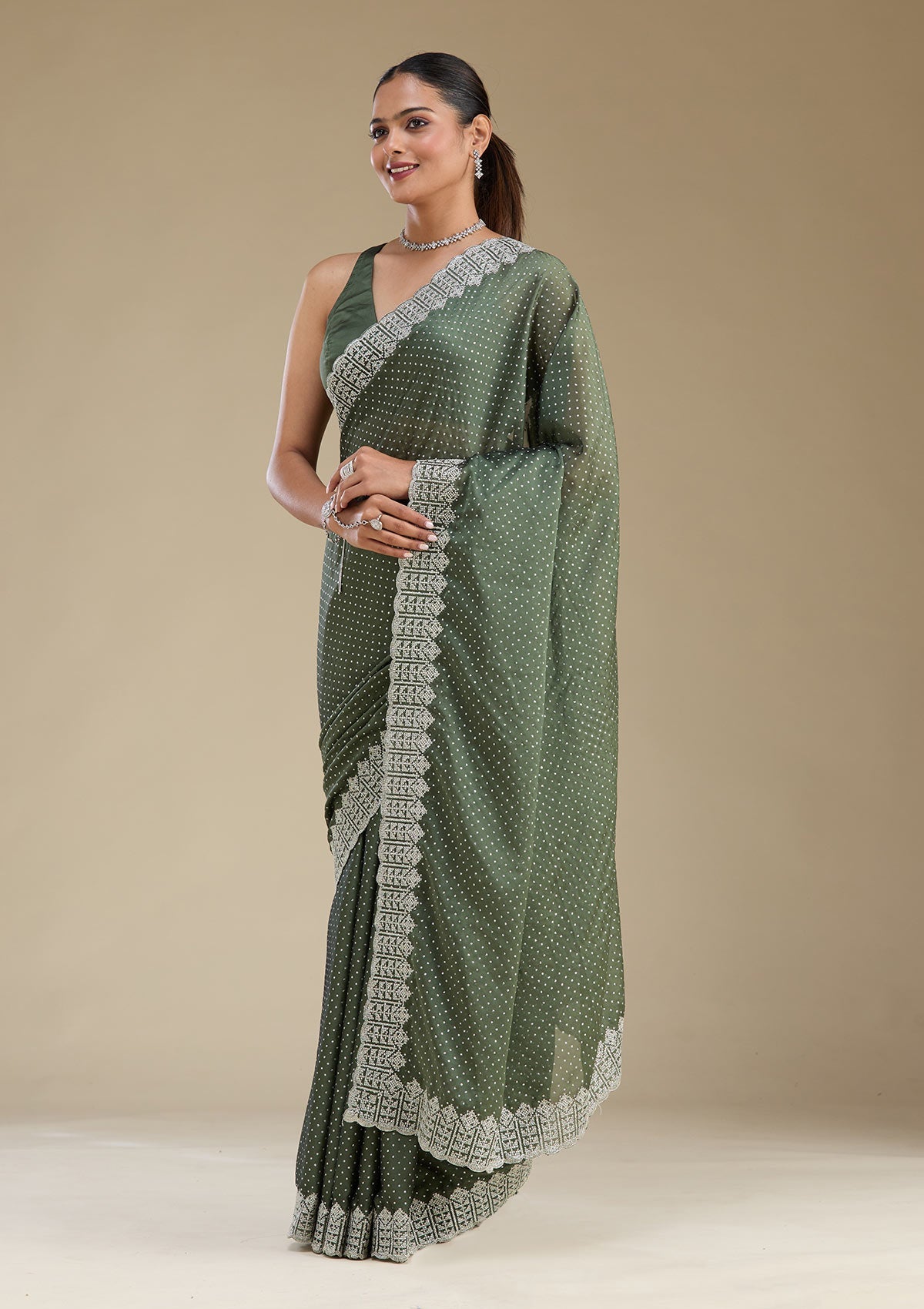 Women's Green Zariwork Satin Saree