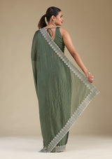 Women's Green Zariwork Satin Saree