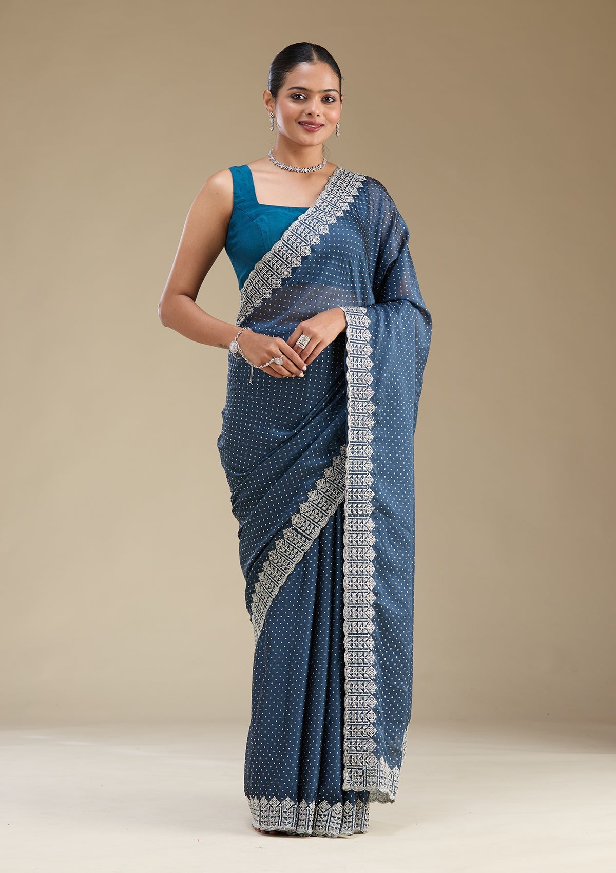 Women's Peacock Blue Zariwork Satin Saree