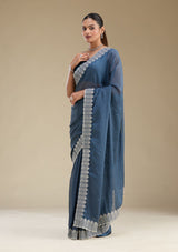 Women's Peacock Blue Zariwork Satin Saree