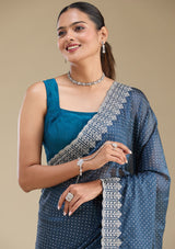 Women's Peacock Blue Zariwork Satin Saree