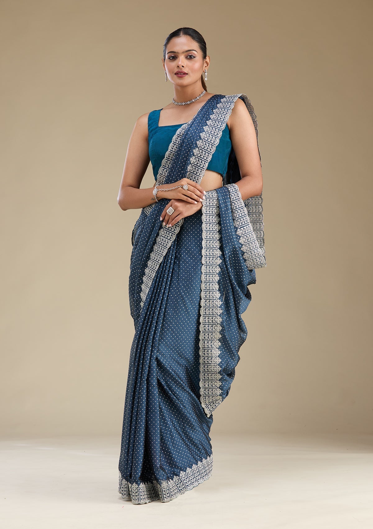 Women's Peacock Blue Zariwork Satin Saree