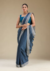 Women's Peacock Blue Zariwork Satin Saree