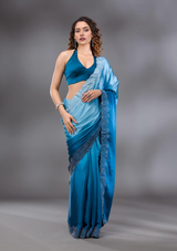 Women's Peacock Blue Swarovski Satin Saree