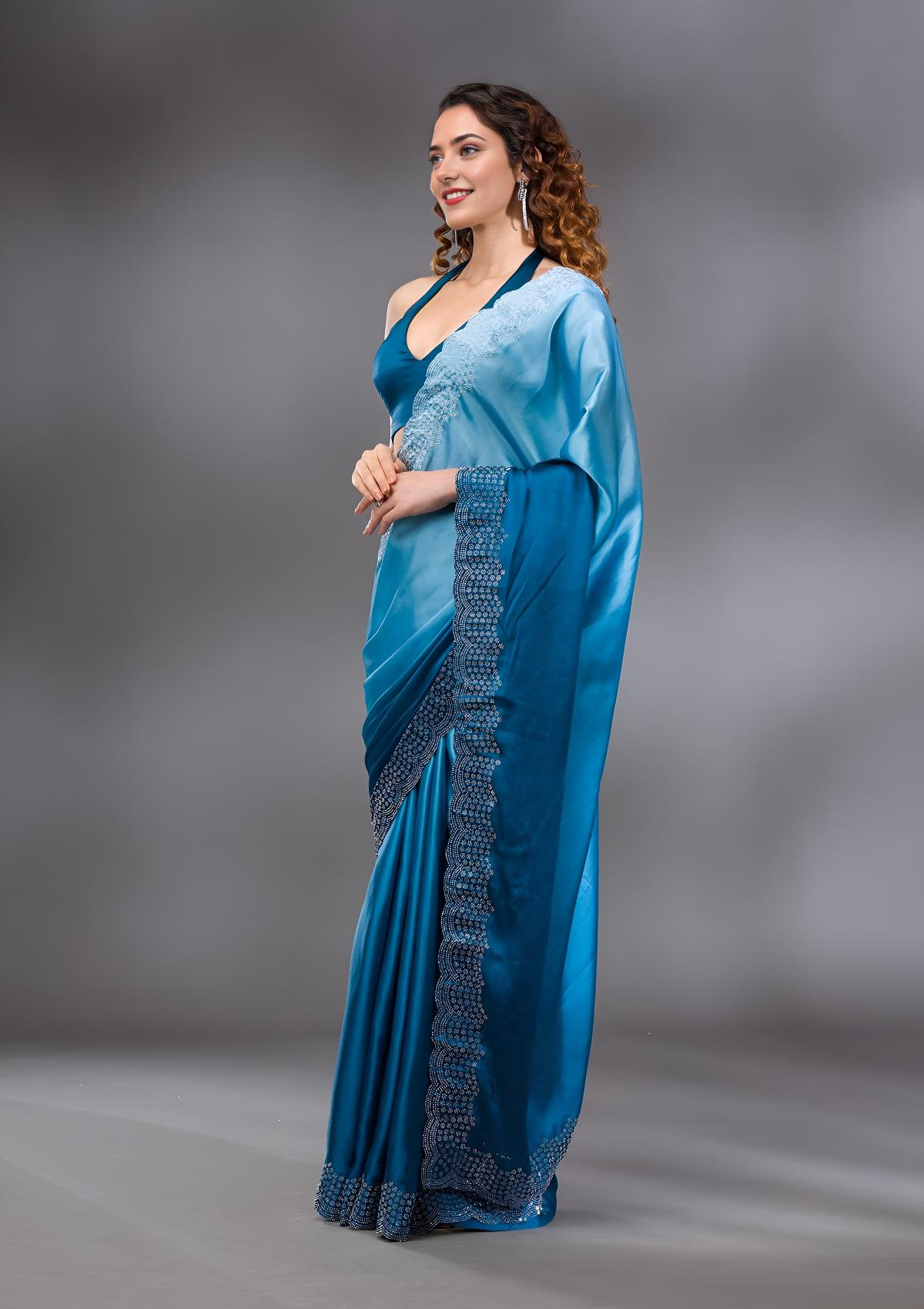 Women's Peacock Blue Swarovski Satin Saree