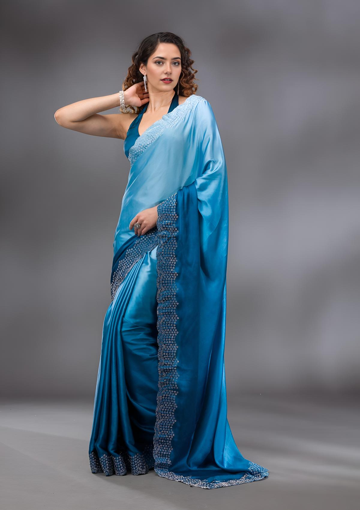Women's Peacock Blue Swarovski Satin Saree