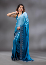 Women's Peacock Blue Swarovski Satin Saree