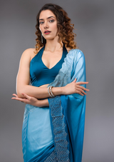 Women's Peacock Blue Swarovski Satin Saree