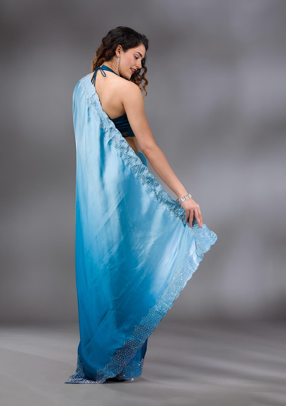 Women's Peacock Blue Swarovski Satin Saree