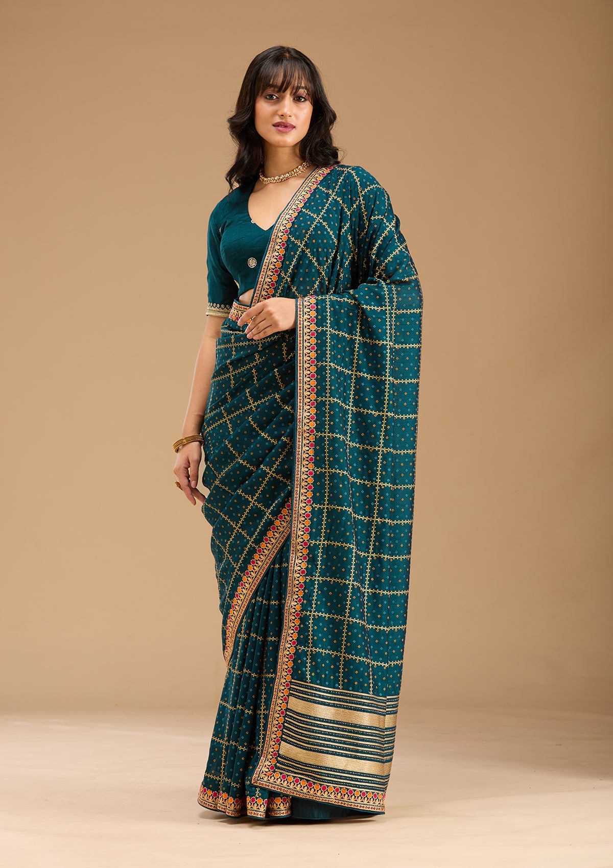 Women's Peacock Blue Gold Zariwork Soft Raw Silk Saree