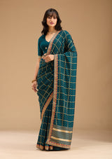 Women's Peacock Blue Gold Zariwork Soft Raw Silk Saree