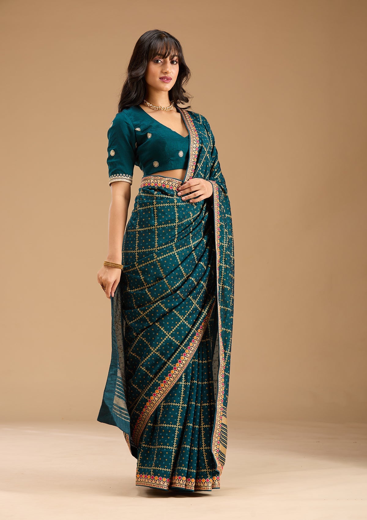 Women's Peacock Blue Gold Zariwork Soft Raw Silk Saree