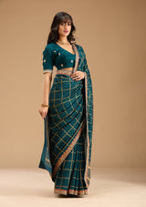 Women's Peacock Blue Gold Zariwork Soft Raw Silk Saree