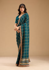 Women's Peacock Blue Gold Zariwork Soft Raw Silk Saree