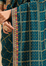 Women's Peacock Blue Gold Zariwork Soft Raw Silk Saree