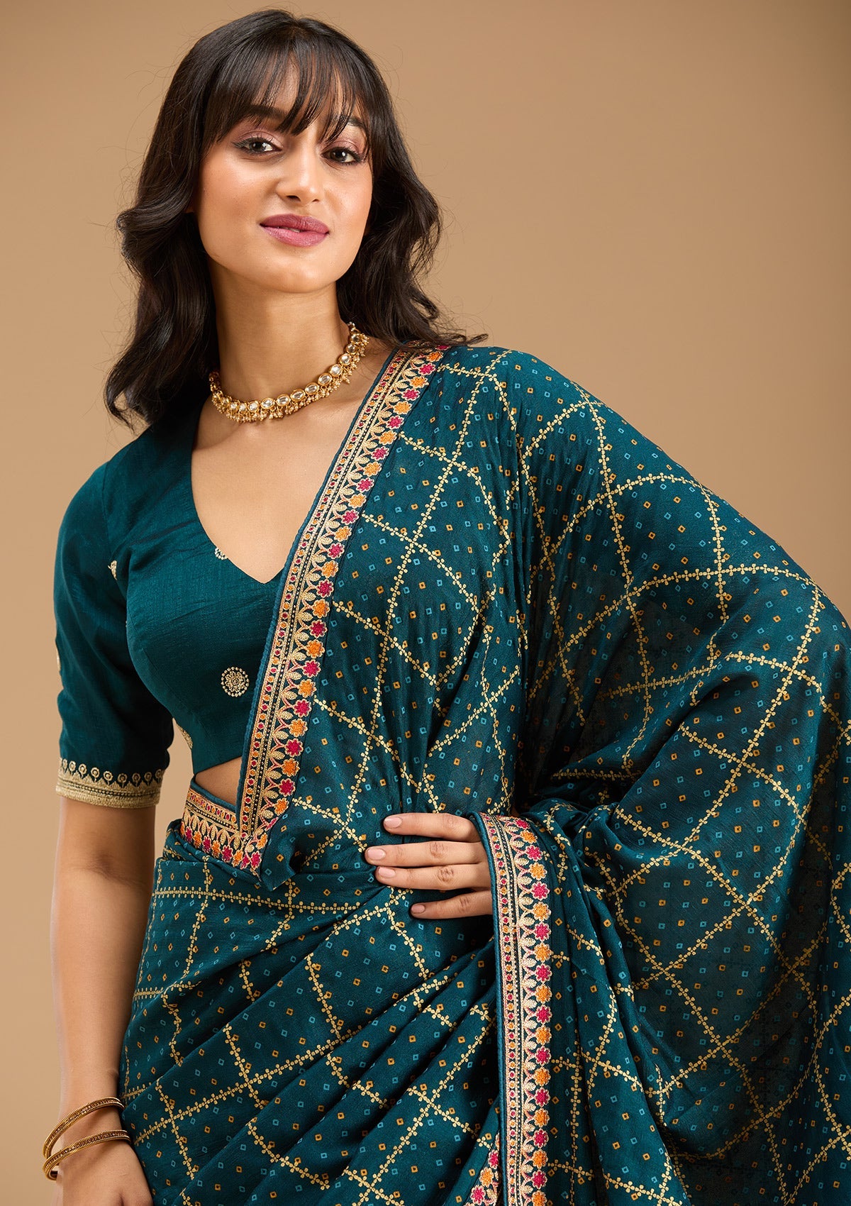 Women's Peacock Blue Gold Zariwork Soft Raw Silk Saree
