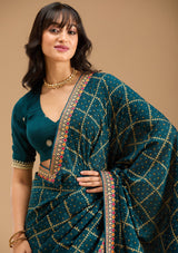 Women's Peacock Blue Gold Zariwork Soft Raw Silk Saree