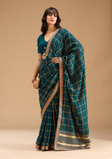 Women's Peacock Blue Gold Zariwork Soft Raw Silk Saree