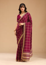 Women's Wine Gold Zariwork Soft Raw Silk Saree