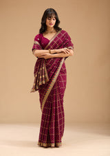 Women's Wine Gold Zariwork Soft Raw Silk Saree