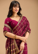 Women's Wine Gold Zariwork Soft Raw Silk Saree