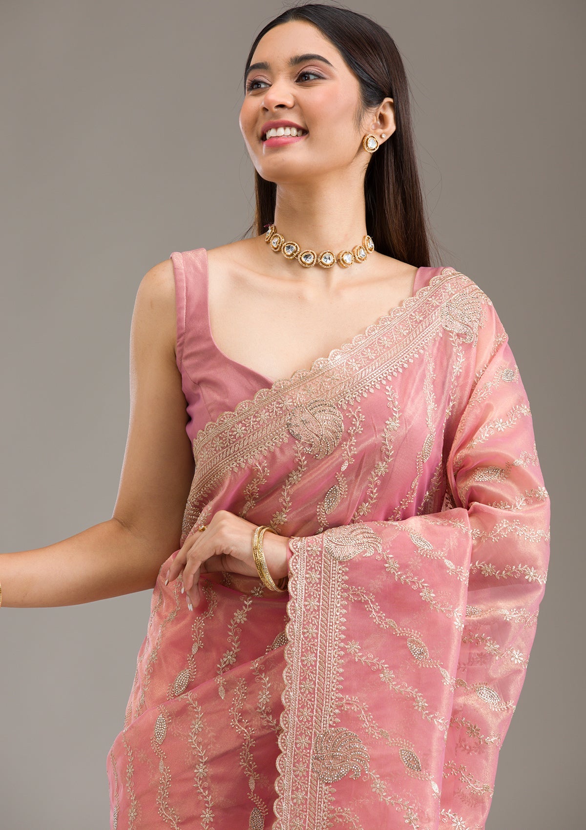 Women's Pink Zariwork Art Silk Saree