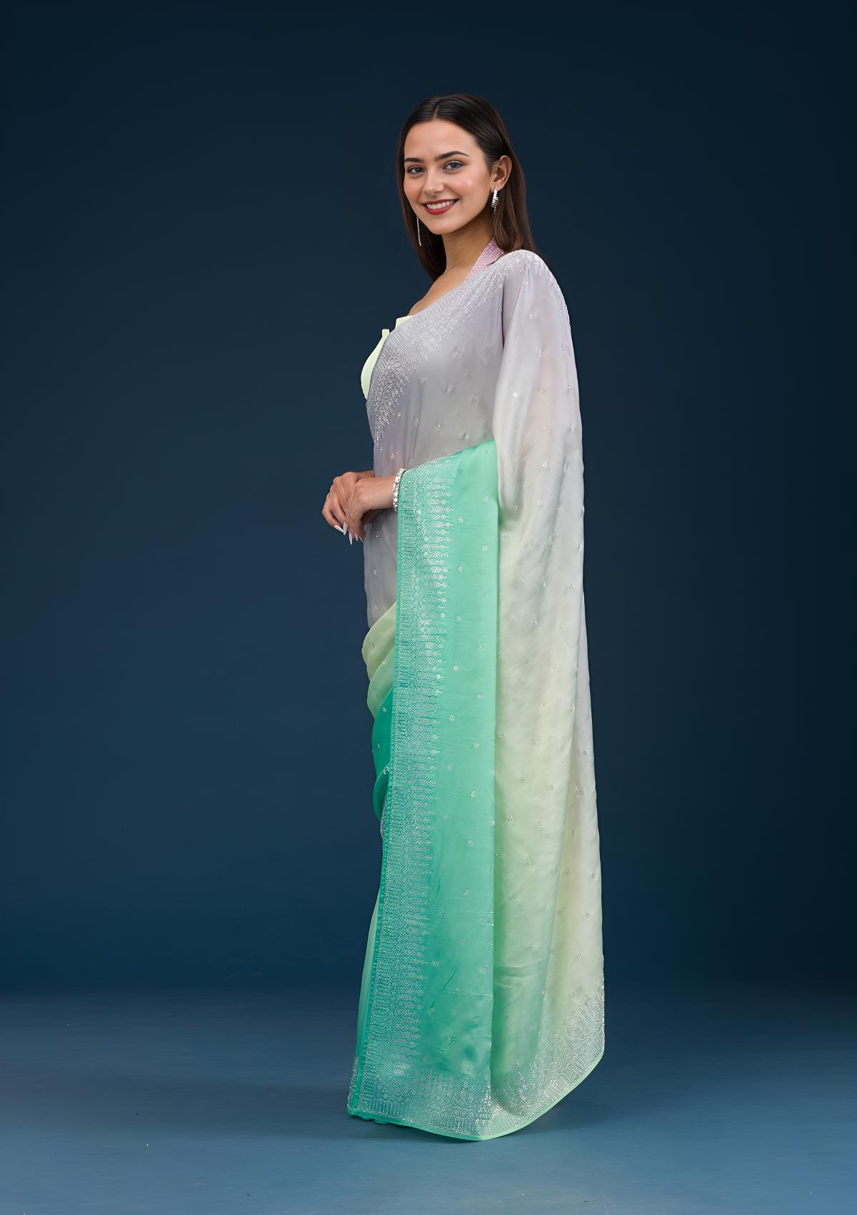 Women's Grey Stonework Satin Saree