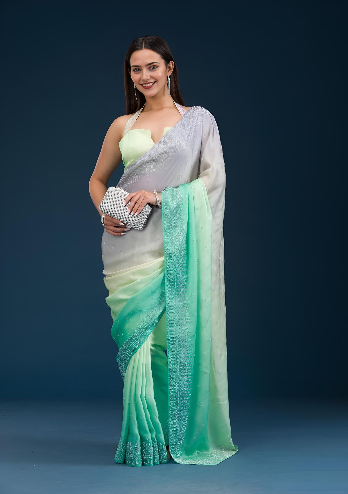 Women's Grey Stonework Satin Saree